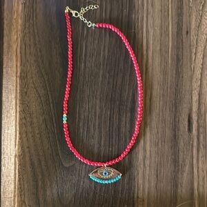 Red Beaded Necklace with Eye Pendant